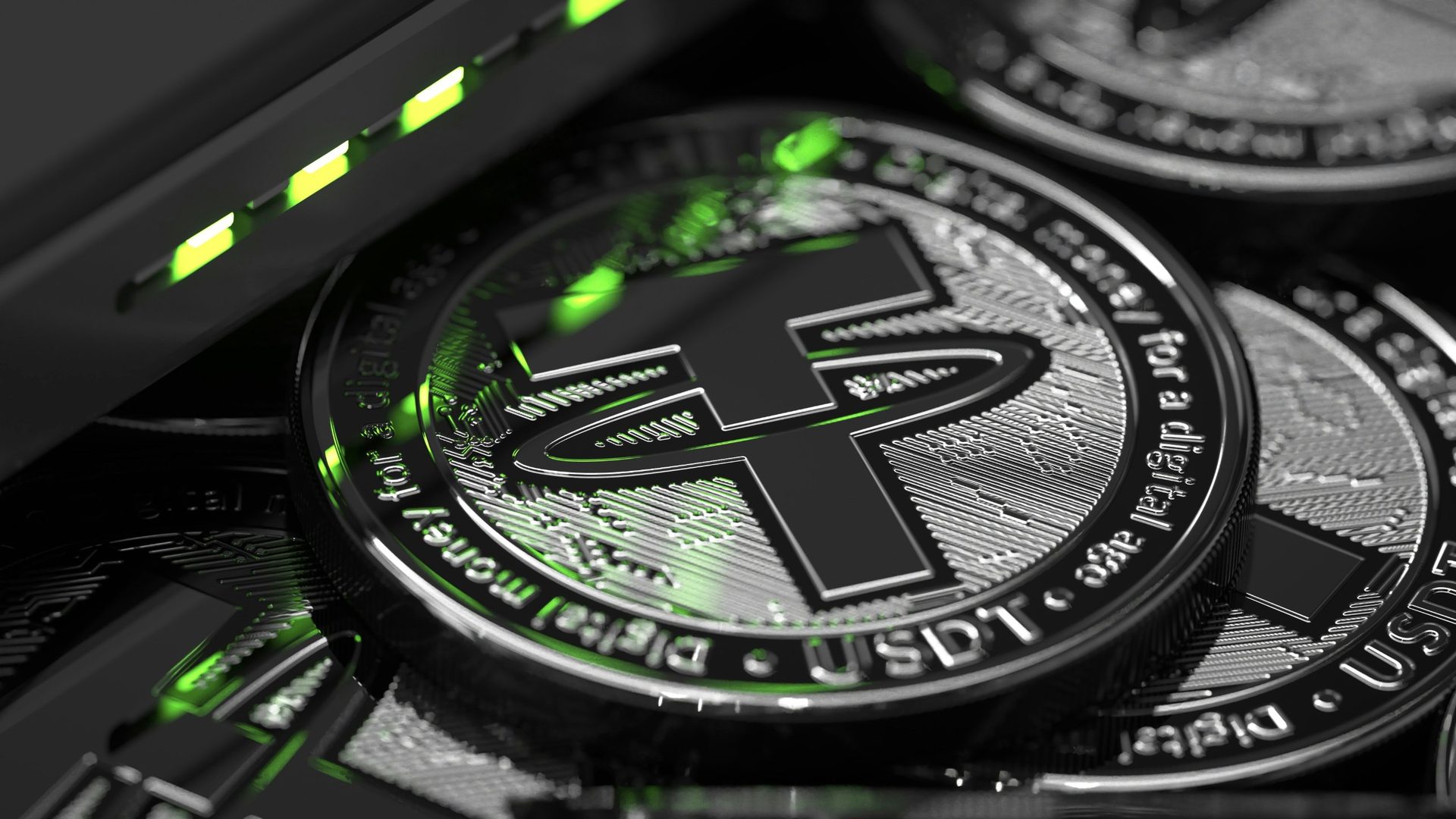 USDT coins lit by green light